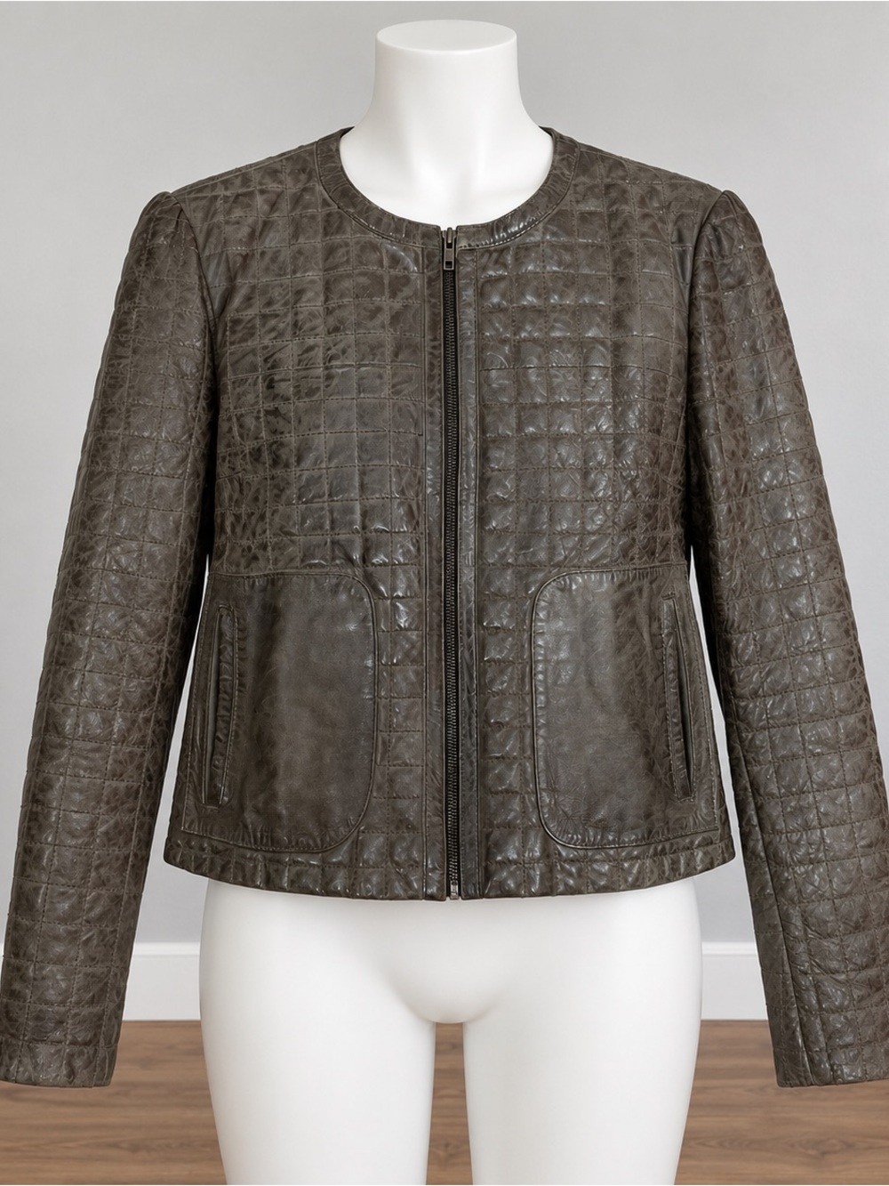 Women's Quilted Brown Leather Jacket - Classic Zip Front